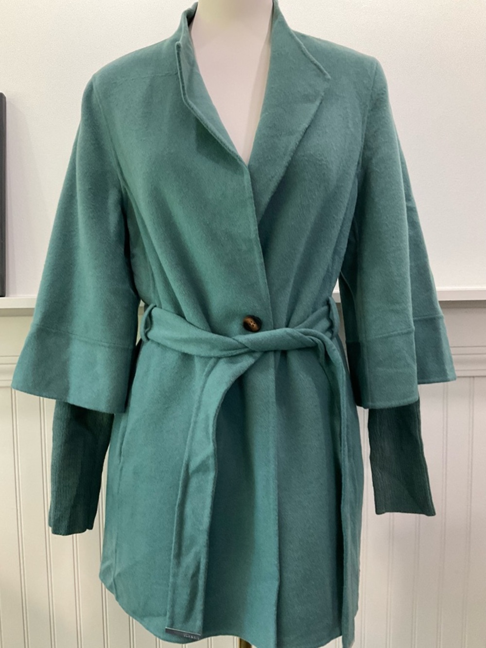 Soia & Kyo Belted Coat Small Teal Wool Blend Lightweight Wrap Jacket NWT - Picture 2 of 5